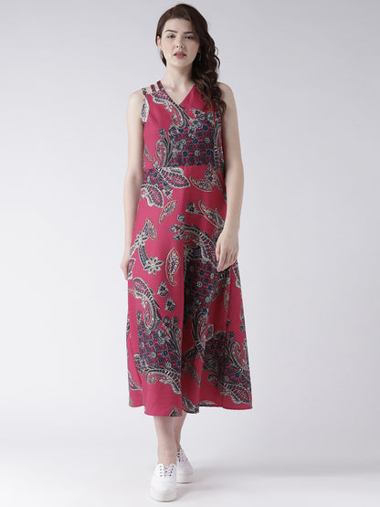Women's Pink Paisley Print Sleeveless V-Neck Midi Dress