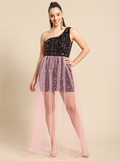 Stylish One Shoulder Sequin Black and Pink Net Dress for Women | Party Wear Gown