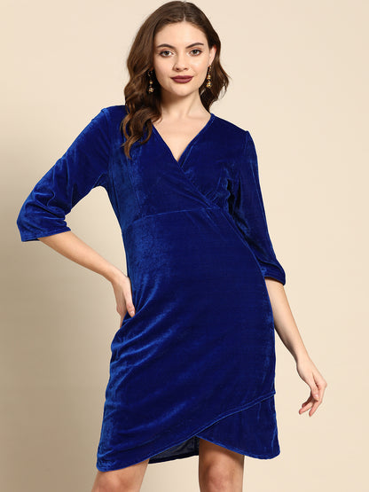 Royal Blue Velvet Wrap Dress for Women – Elegant Party Wear with V-Neck & Asymmetric Hem