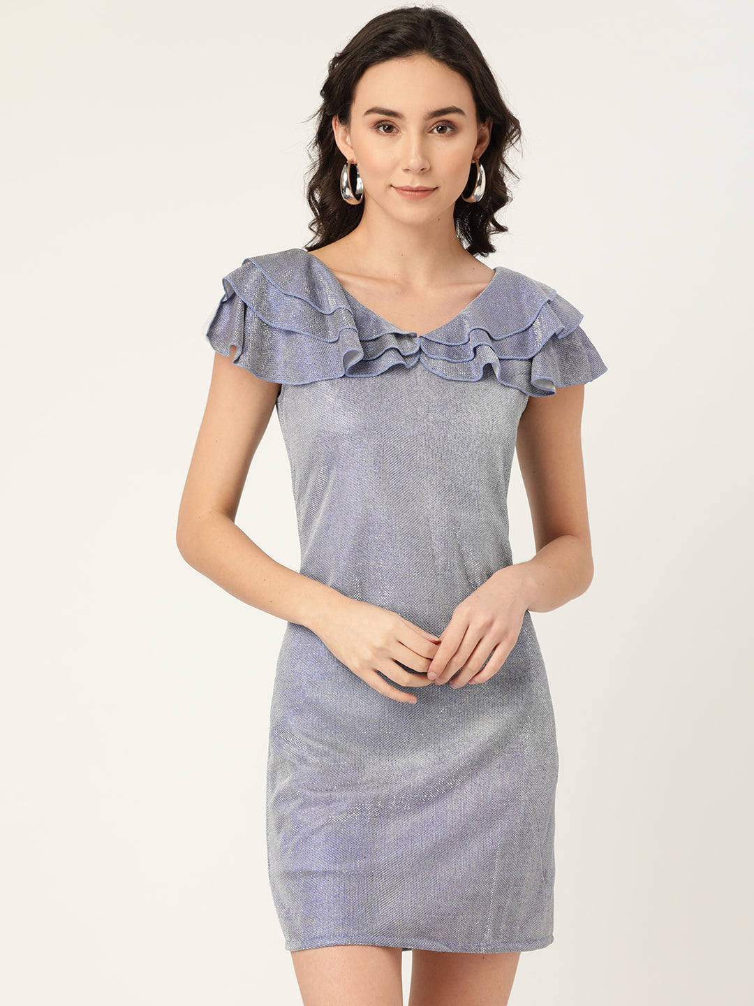 Women Silver Shimmer Mini Dress with Layered Ruffle Neckline