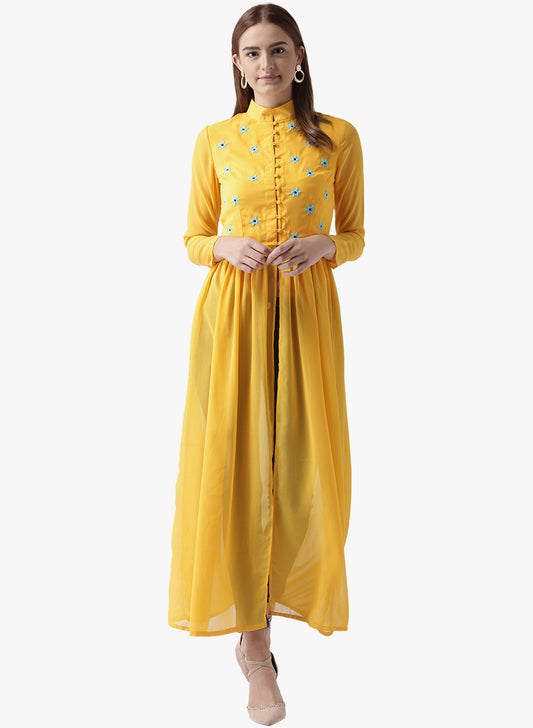 Women's Yellow Embroidered Front-Slit Long Kurta with Mandarin Collar