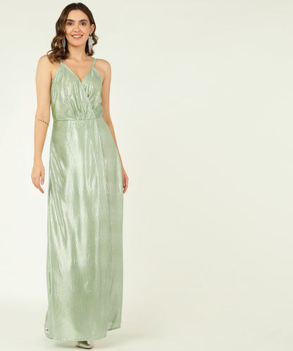 Mint Green Metallic Maxi Dress with Spaghetti Straps and Draped Neckline