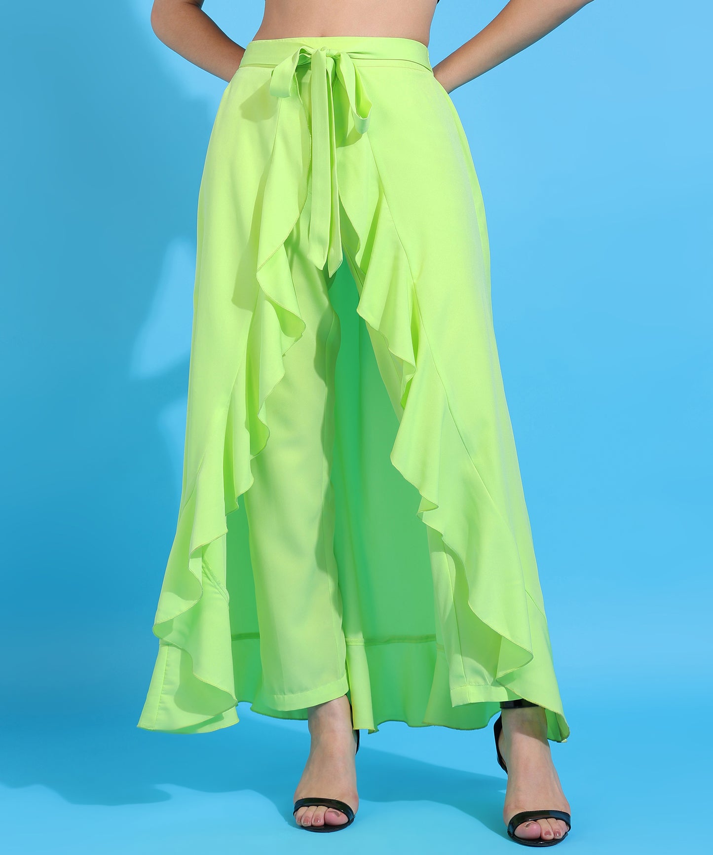 Green Ruffle-Detail Palazzo Pants with Tie Waist for Women