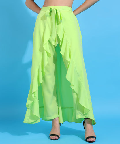 Green Ruffle-Detail Palazzo Pants with Tie Waist for Women