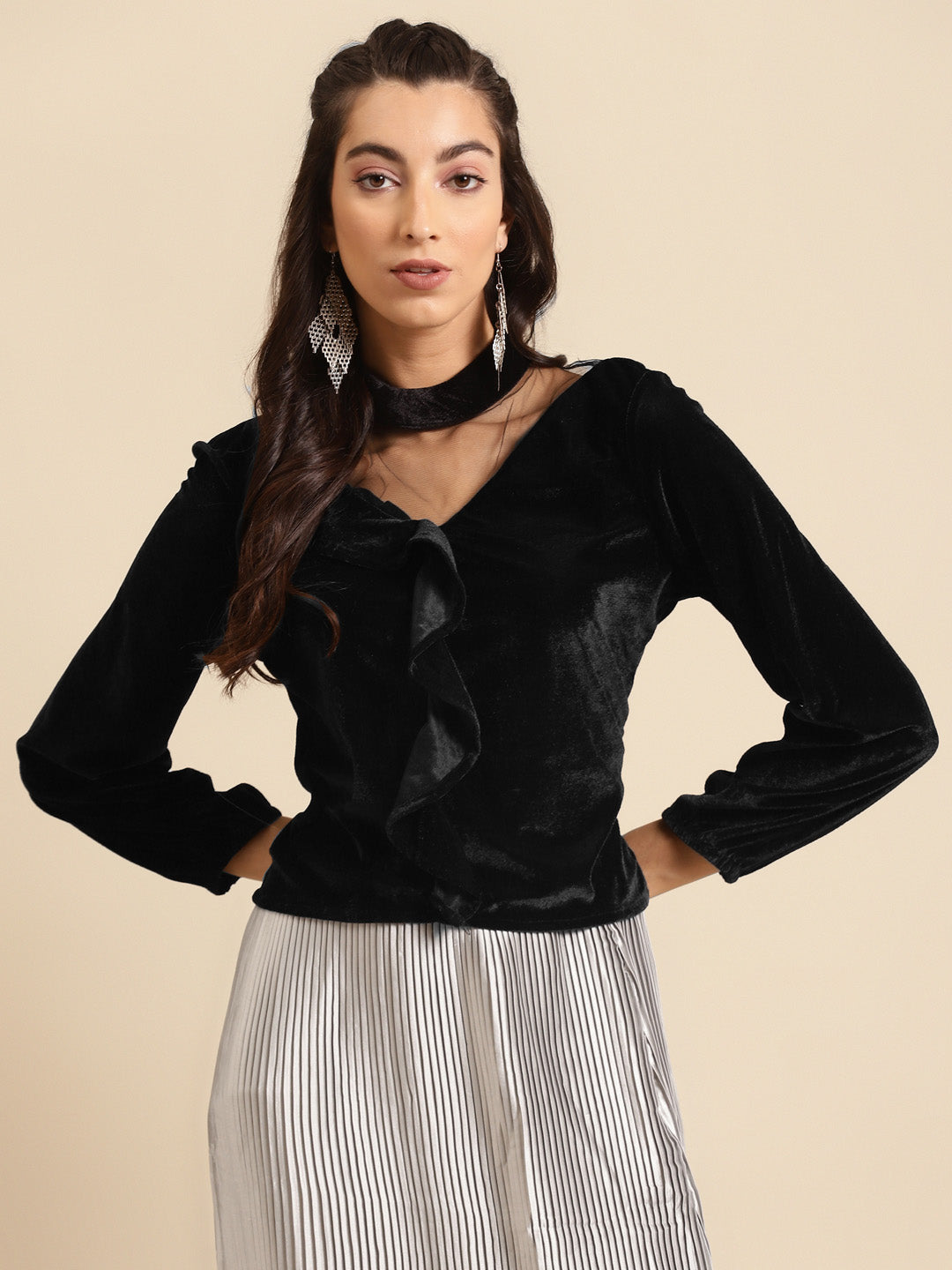 Black Velvet Choker Neck Ruffle Top for Women | Stylish Partywear Blouse