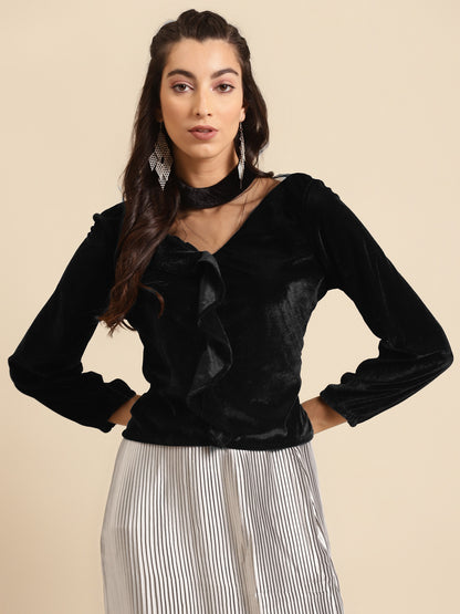 Black Velvet Choker Neck Ruffle Top for Women | Stylish Partywear Blouse