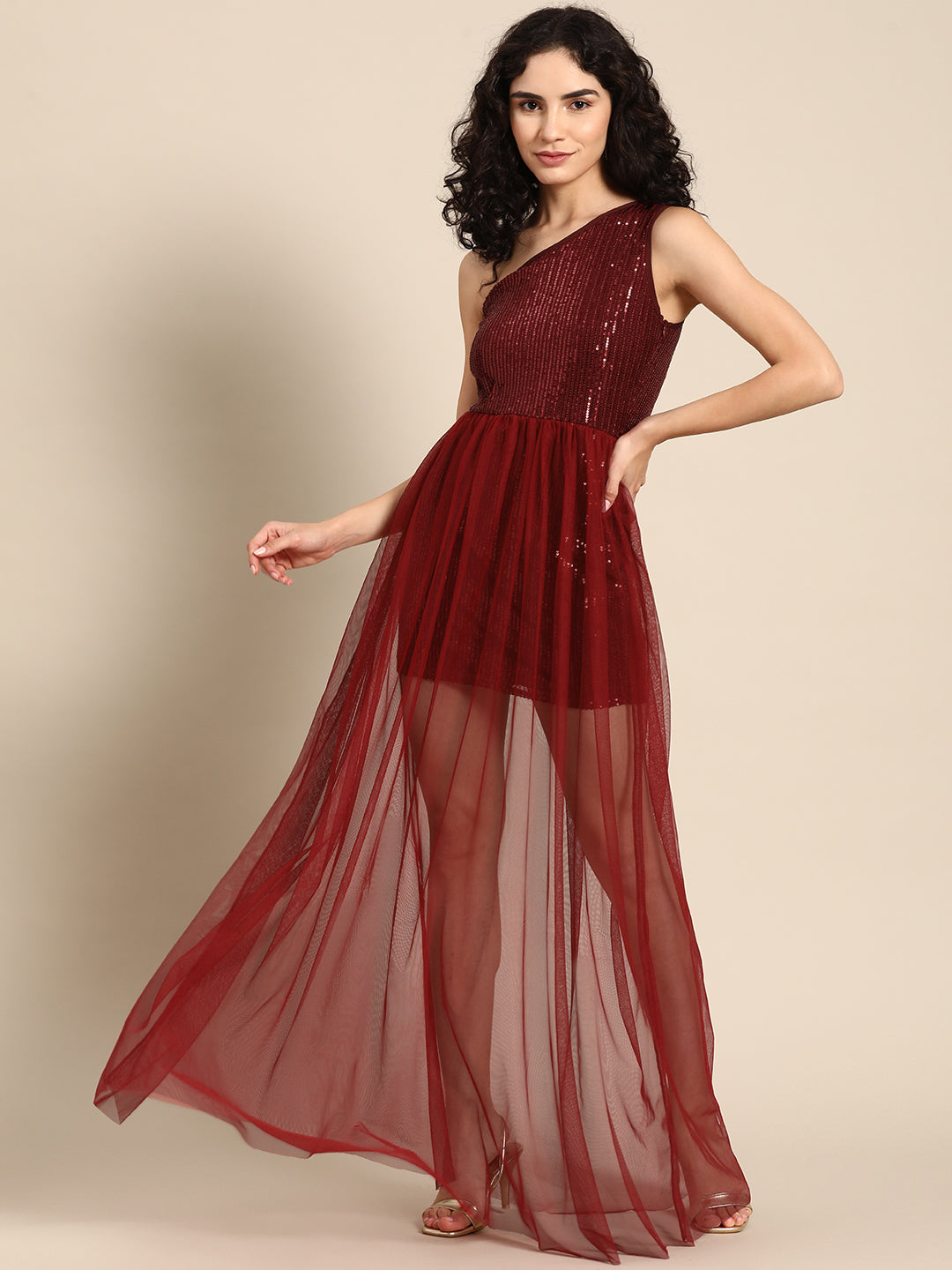 Maroon One-Shoulder Sequin Mesh Overlay Party Dress