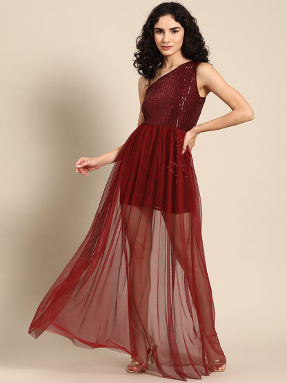 Maroon One-Shoulder Sequin Mesh Overlay Party Dress