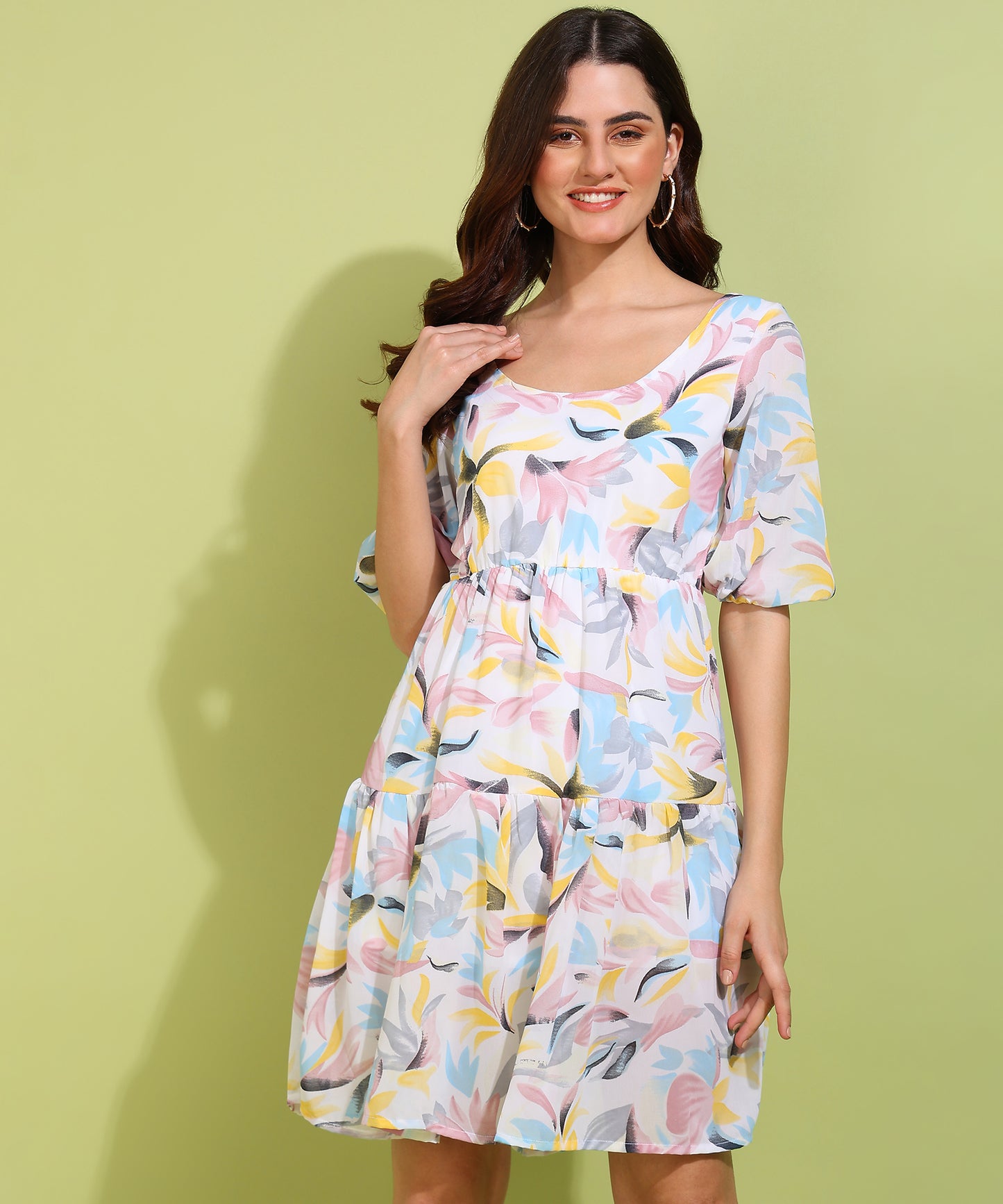Women’s Multicolor Floral Print Tiered Mini Dress with Puff Sleeves