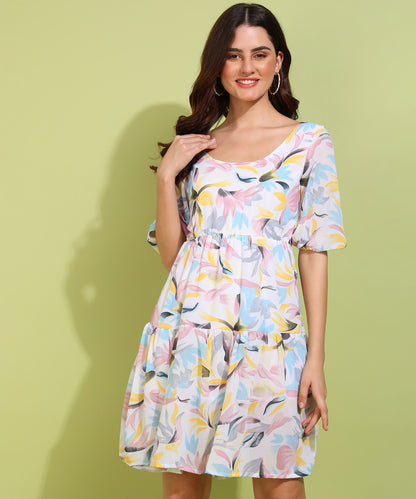 Women’s Multicolor Floral Print Tiered Mini Dress with Puff Sleeves