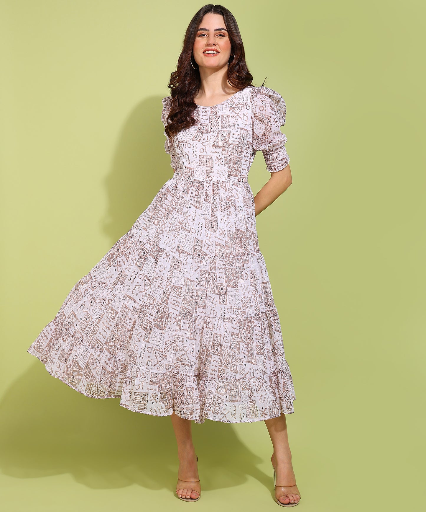 Women's White Printed Puff Sleeve Maxi Dress – Elegant & Flowy