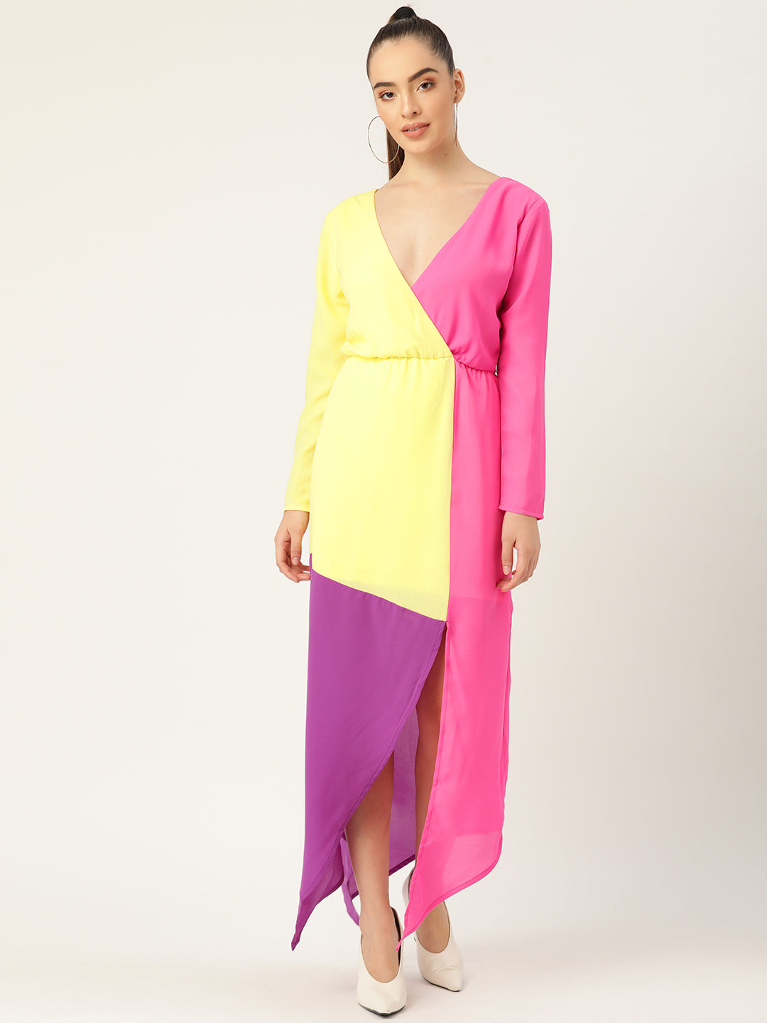 Women Color Block Maxi Dress with Deep V Neck and Front Slit