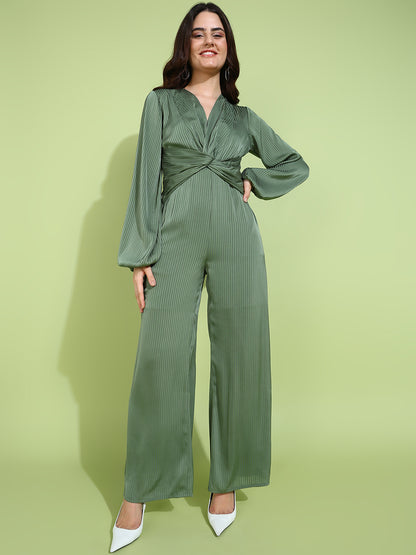 Chic Olive Green Pleated Jumpsuit with Belted Waist and Long Sleeves for Women