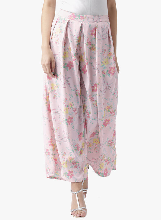 Women's Pink Floral Printed Wide-Leg Palazzo Pants with Pleats