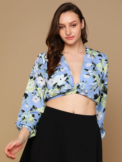 Women's Blue Floral Twist-Front Crop Top with Long Sleeves – Trendy Summer Blouse