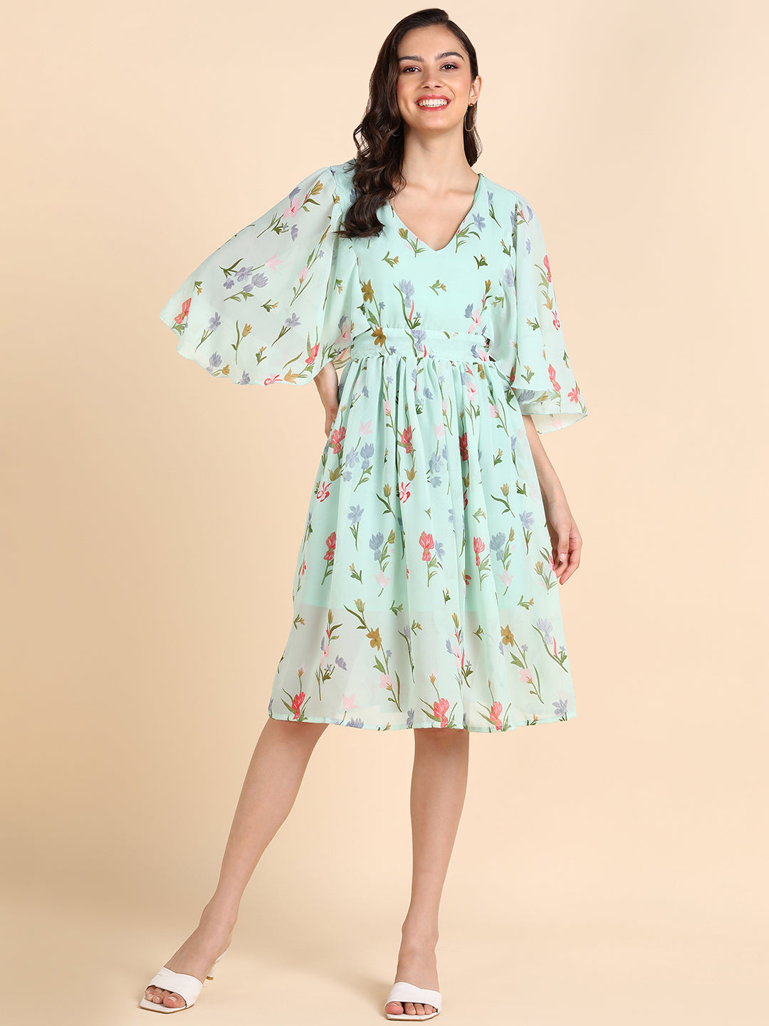 Floral Mint Green A-Line Midi Dress with Bell Sleeves – Summer Casual Dress for Women