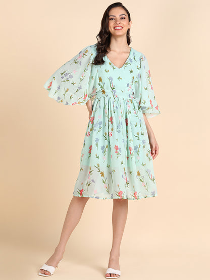 Floral Mint Green A-Line Midi Dress with Bell Sleeves – Summer Casual Dress for Women