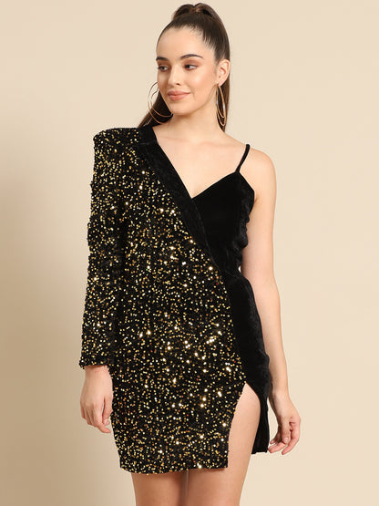 Black Velvet One Shoulder Sequin Party Dress for Women | Stylish Mini Dress