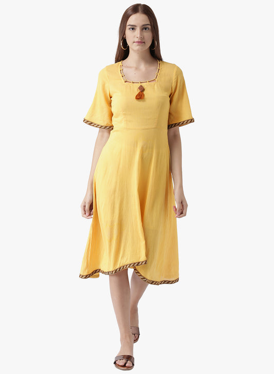 Women's Yellow A-Line Kurta with Tassel Detail and Flared Sleeves