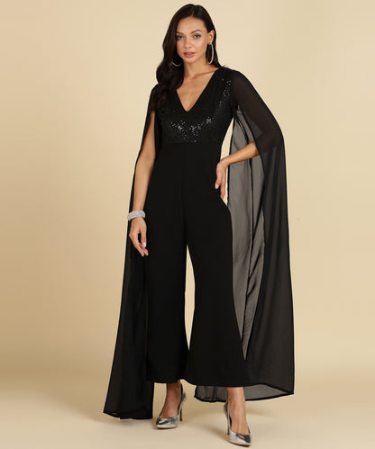 Black Sequin Glam Jumpsuit with Cape Sleeves – Party Night Ready