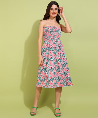 Women's Pink Floral Strapless Smocked Midi Dress – Summer Beachwear