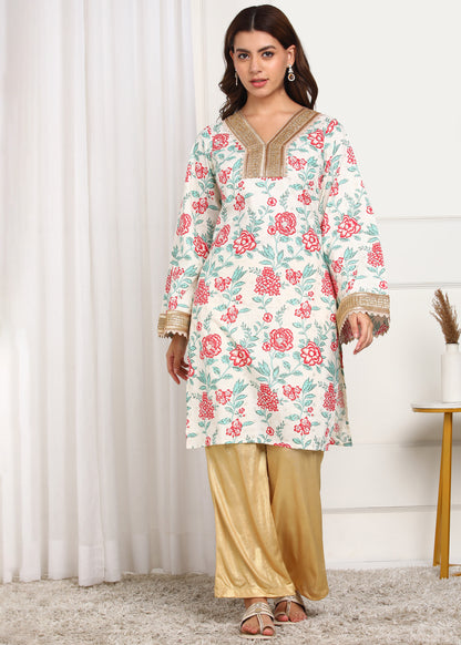 Floral Printed White Kurta with Golden Detailing | Ethnic Wear for Women