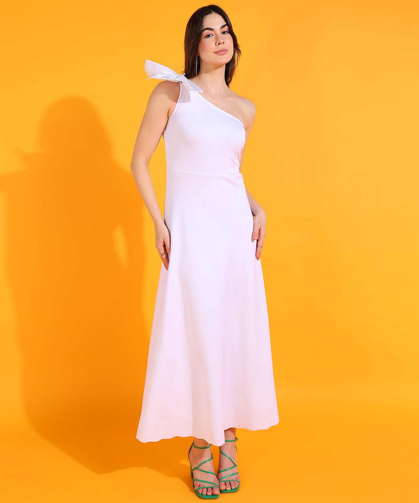 White One Shoulder A-Line Midi Dress with Bow – Elegant Formal Dress for Women