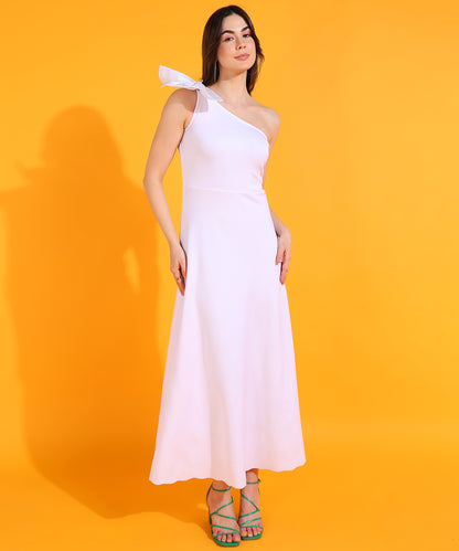 White One Shoulder A-Line Midi Dress with Bow – Elegant Formal Dress for Women
