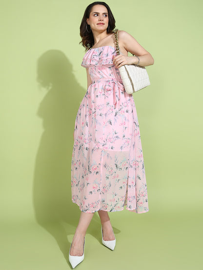 Pink One Shoulder Floral Ruffle Midi Dress for Women | Elegant Summer Dress