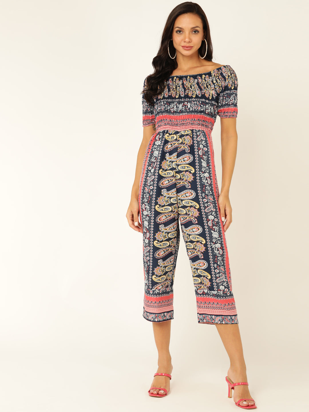 Navy Blue Paisley Print Off-Shoulder Jumpsuit – Boho Style Casual Wear