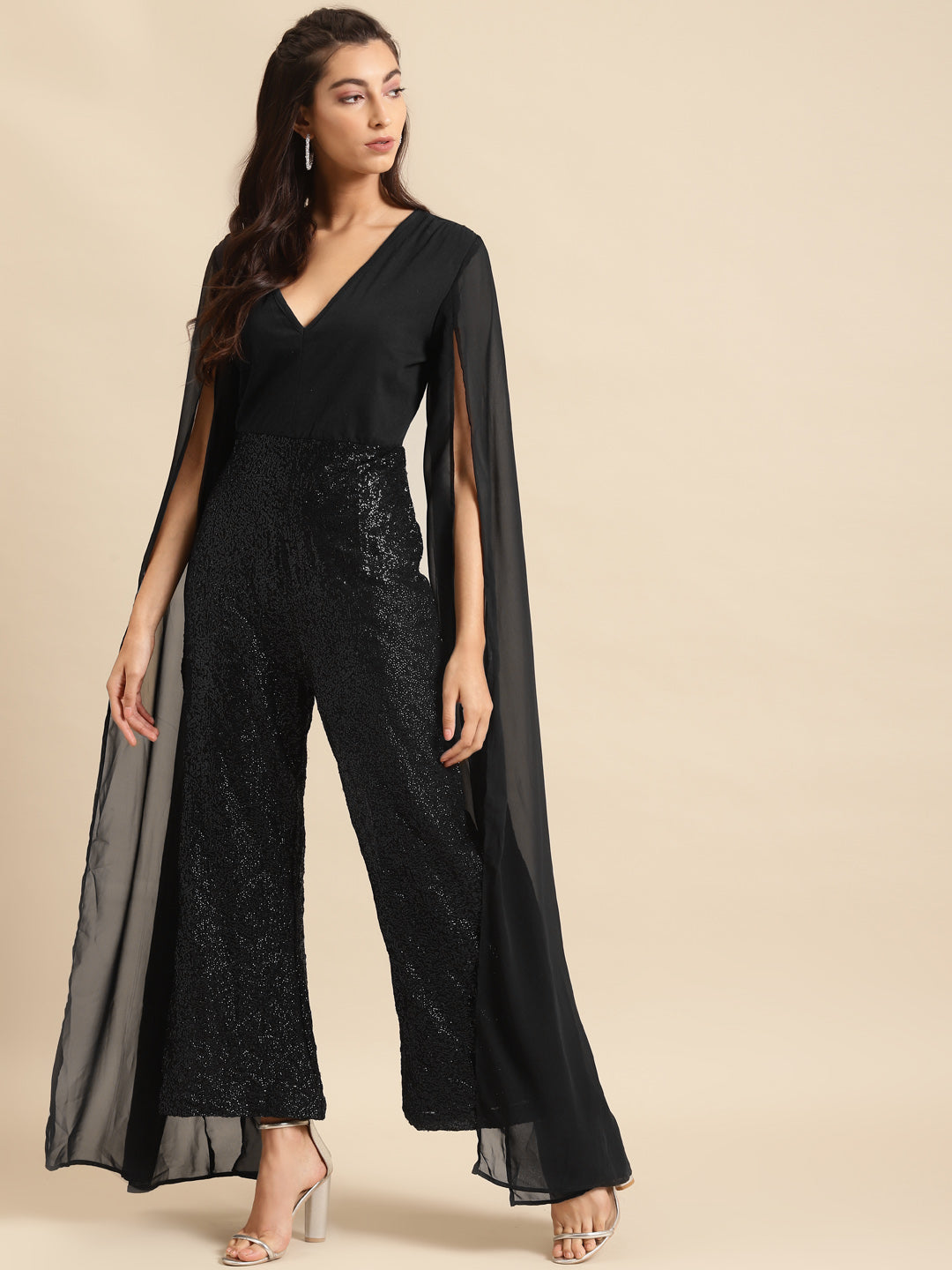 Black Sequin Cape Sleeve Jumpsuit for Women – Stylish Evening & Party Wear
