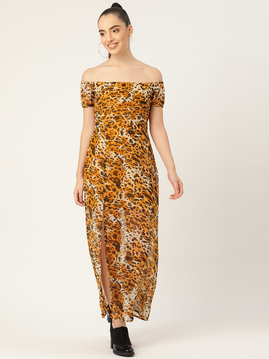 Off-Shoulder Leopard Print Maxi Dress with Front Slit