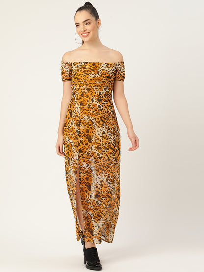 Off-Shoulder Leopard Print Maxi Dress with Front Slit