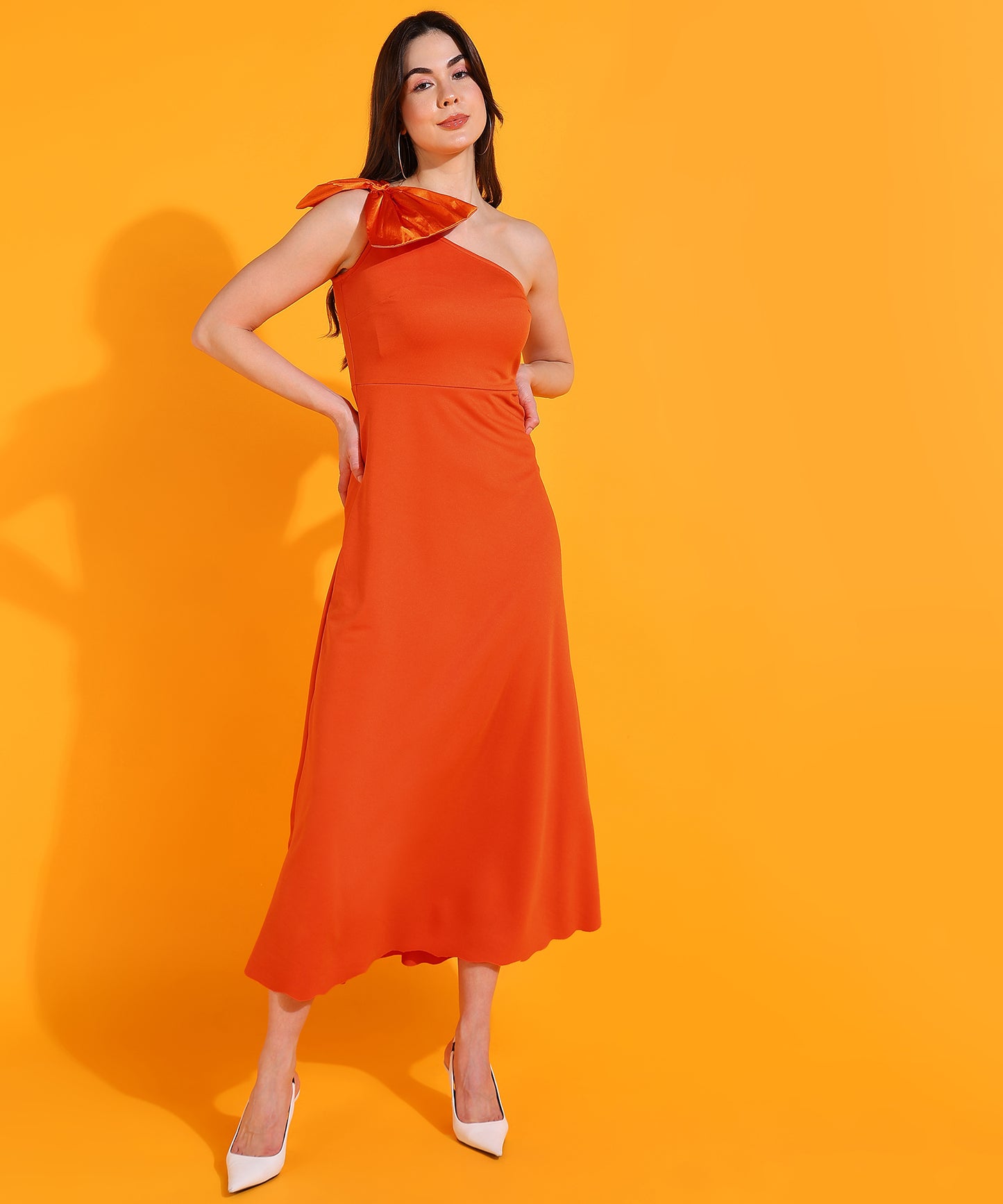 Orange One Shoulder Midi Dress with Bow Detail | Stylish Party Wear for Women