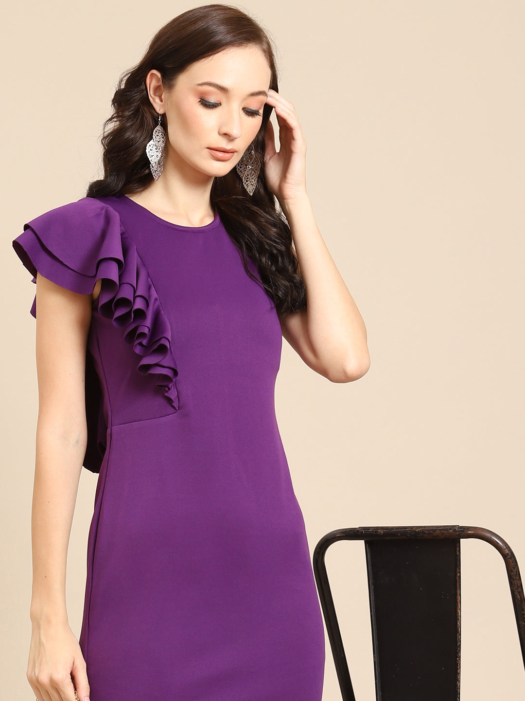 Elegant Purple Bodycon Dress with Ruffled Sleeve for Women