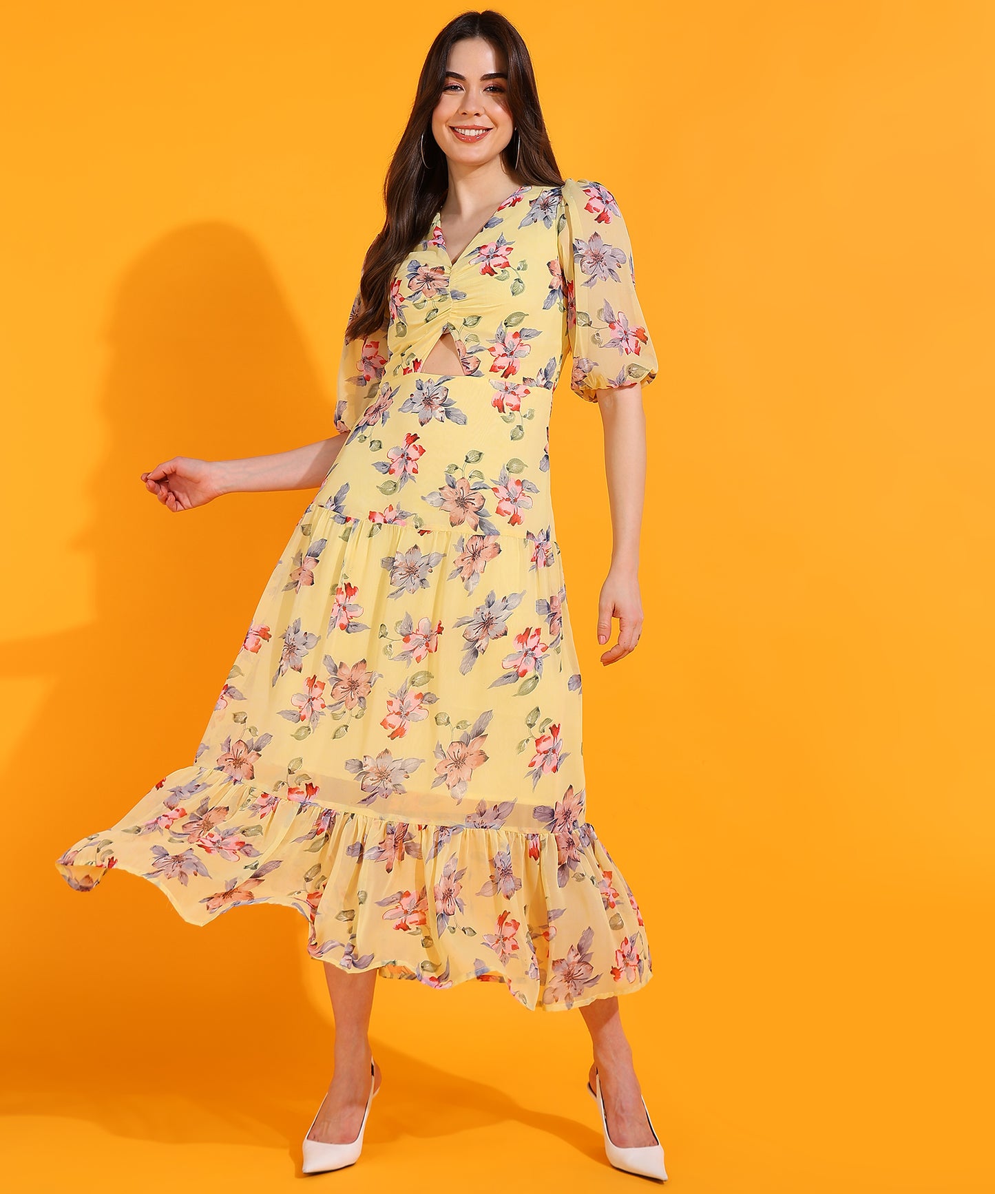 Yellow Floral Cut-Out Midi Dress with Puff Sleeves – Trendy Summer Dress for Women