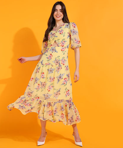 Yellow Floral Cut-Out Midi Dress with Puff Sleeves – Trendy Summer Dress for Women