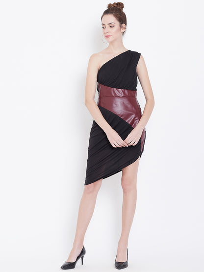 Black One Shoulder Dress with Brown Faux Leather Panel