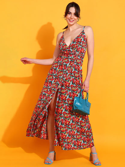 Red Floral Maxi Dress for Women with Slit and Spaghetti Straps