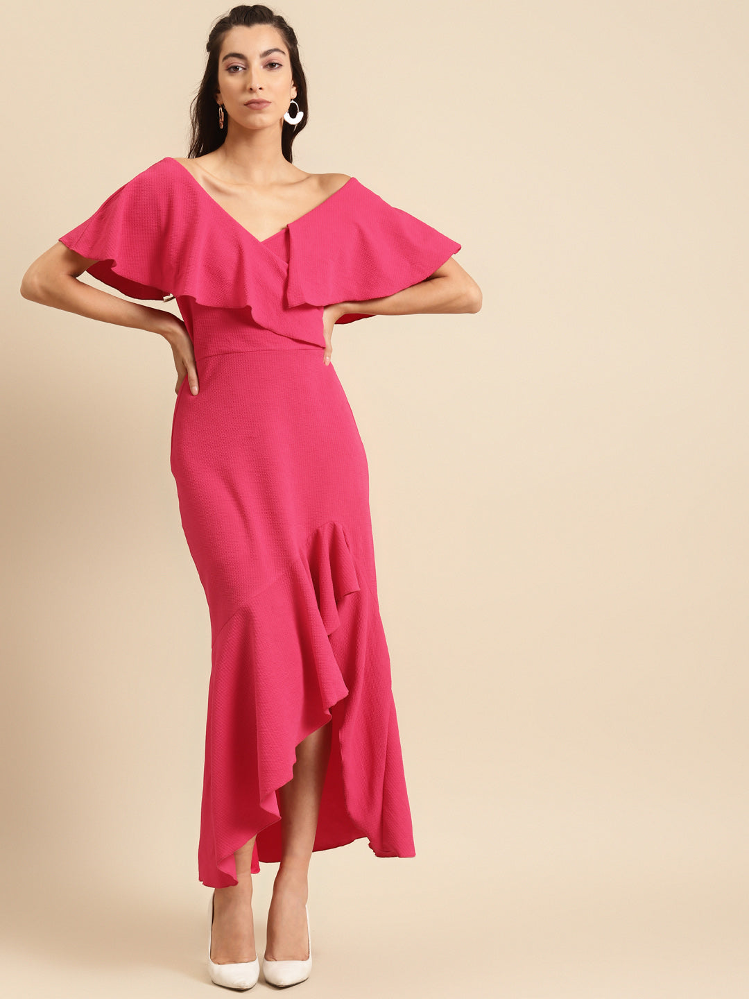 Women Off Shoulder Ruffle Hem High Low Maxi Dress