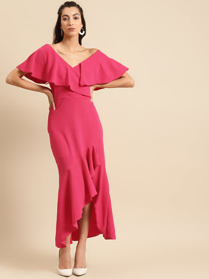 Women Off Shoulder Ruffle Hem High Low Maxi Dress