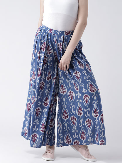 Women's Indigo Blue Ikat Printed Wide-Leg Trousers – Casual Ethnic Cotton Pants