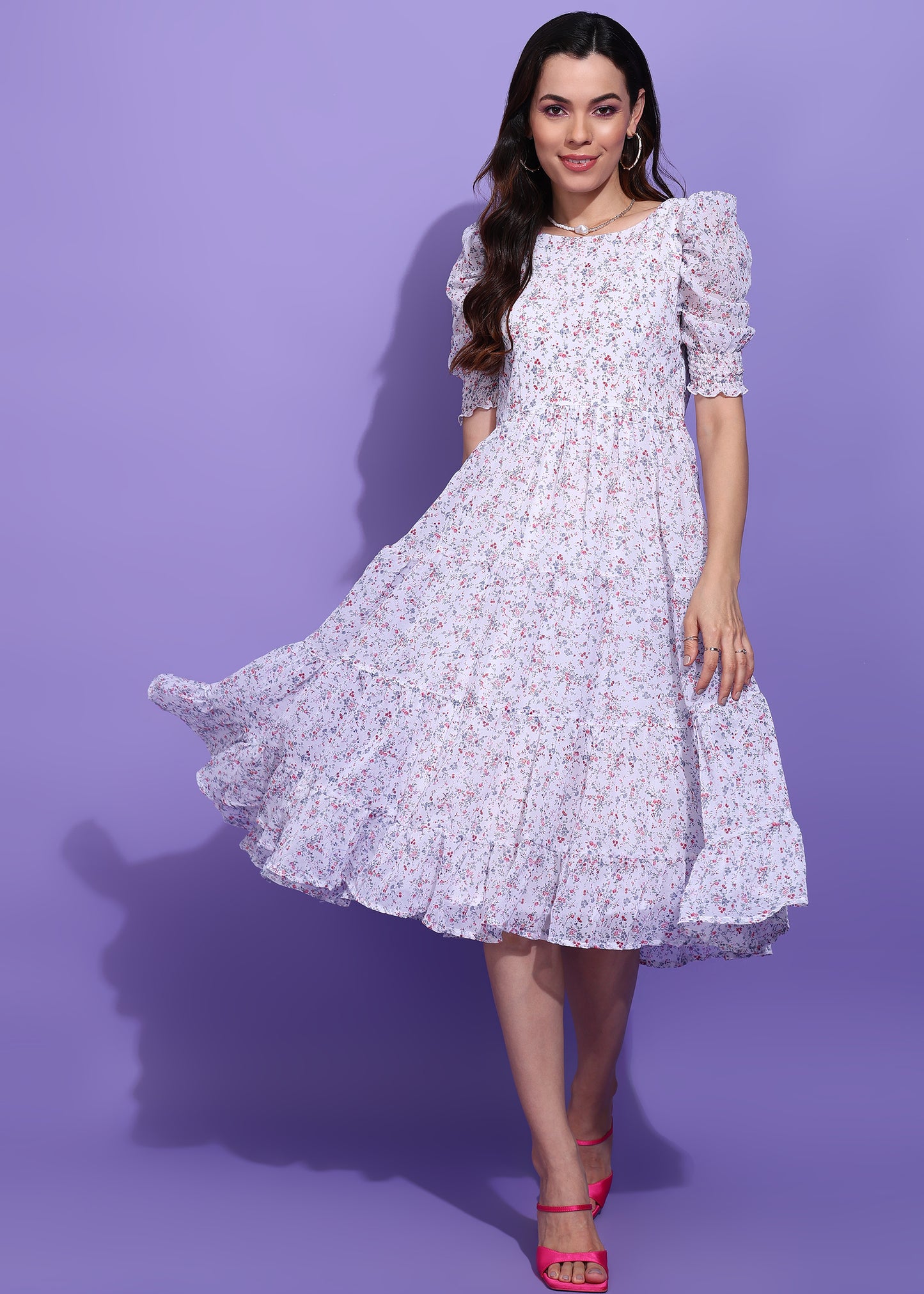 Women’s White Floral Puff Sleeve Tiered Midi Dress