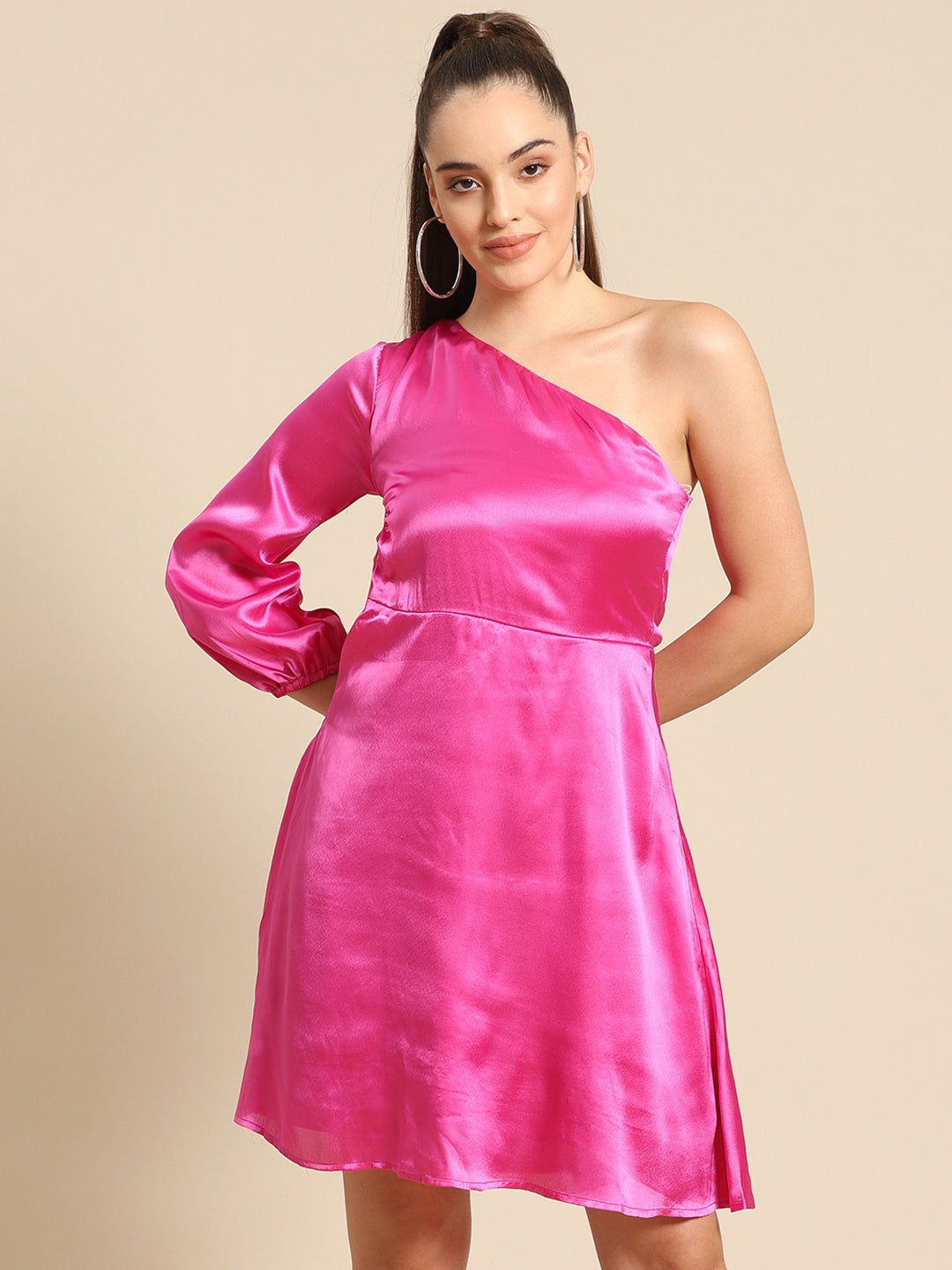 Hot Pink Satin One-Shoulder Mini Dress for Women – Stylish Short Party Dress with Long Sleeve