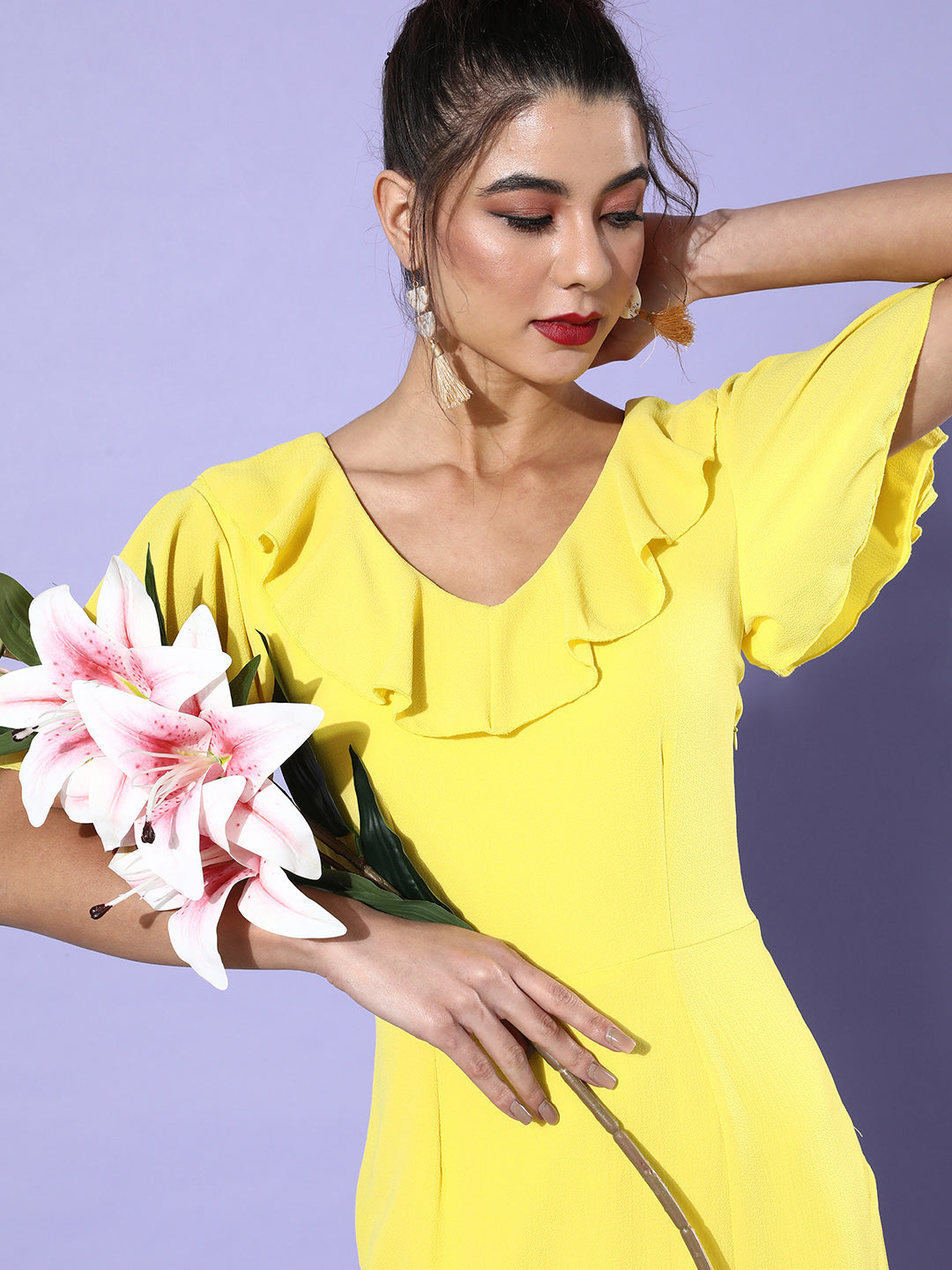 Bright Yellow Ruffle Midi Dress for Women Elegant & Flowy Summer Style