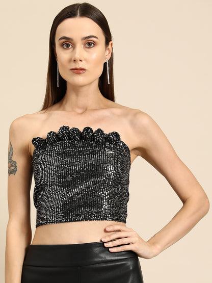 Black Sequin Strapless Crop Top with Floral Neckline Detailing for Women