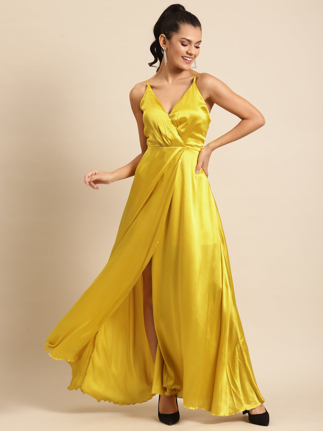 Yellow Satin Wrap Maxi Dress for Women | Elegant Slit Gown for Parties