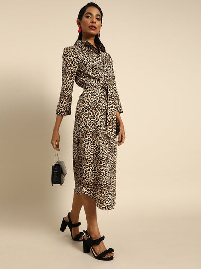 Leopard Print Shirt Dress for Women with Belted Waist and Midi Length