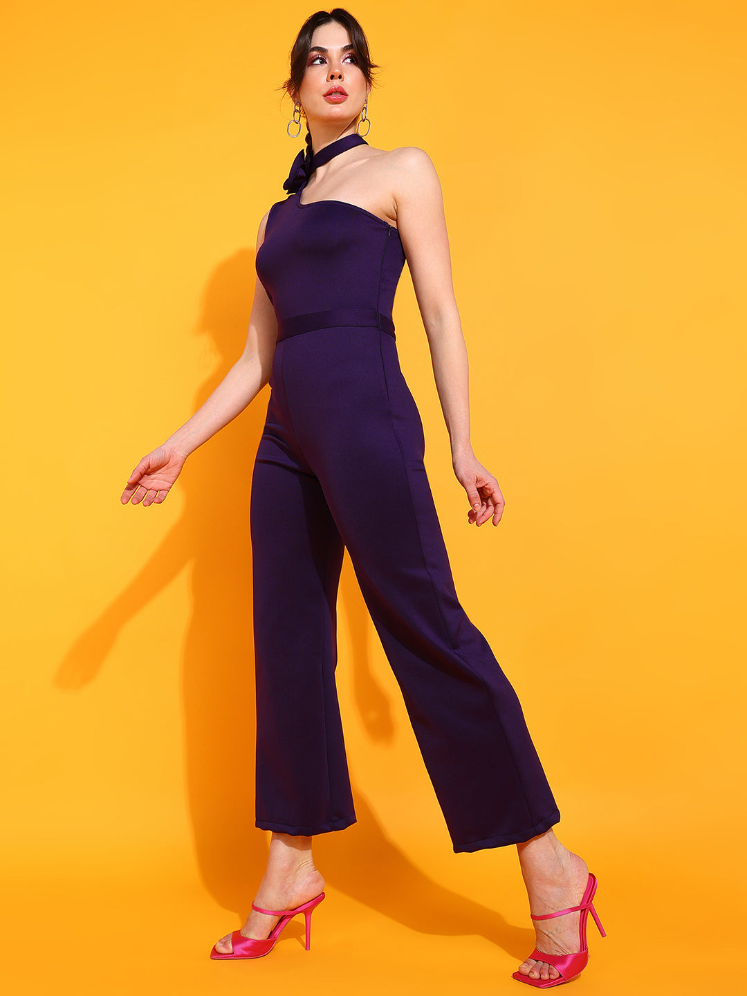 Elegant Purple One-Shoulder Jumpsuit with Bow Detail – Stylish & Modern Look