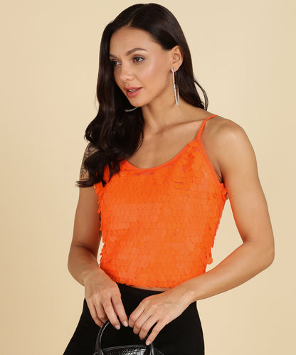Women's Bright Orange Sequin Crop Top with Spaghetti Straps